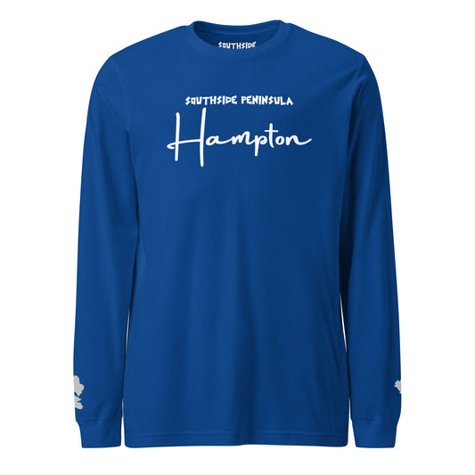 Southside Peninsula x Hampton Unisex Long Sleeve T-Shirt Royal Blue/White DTG/Embroidered