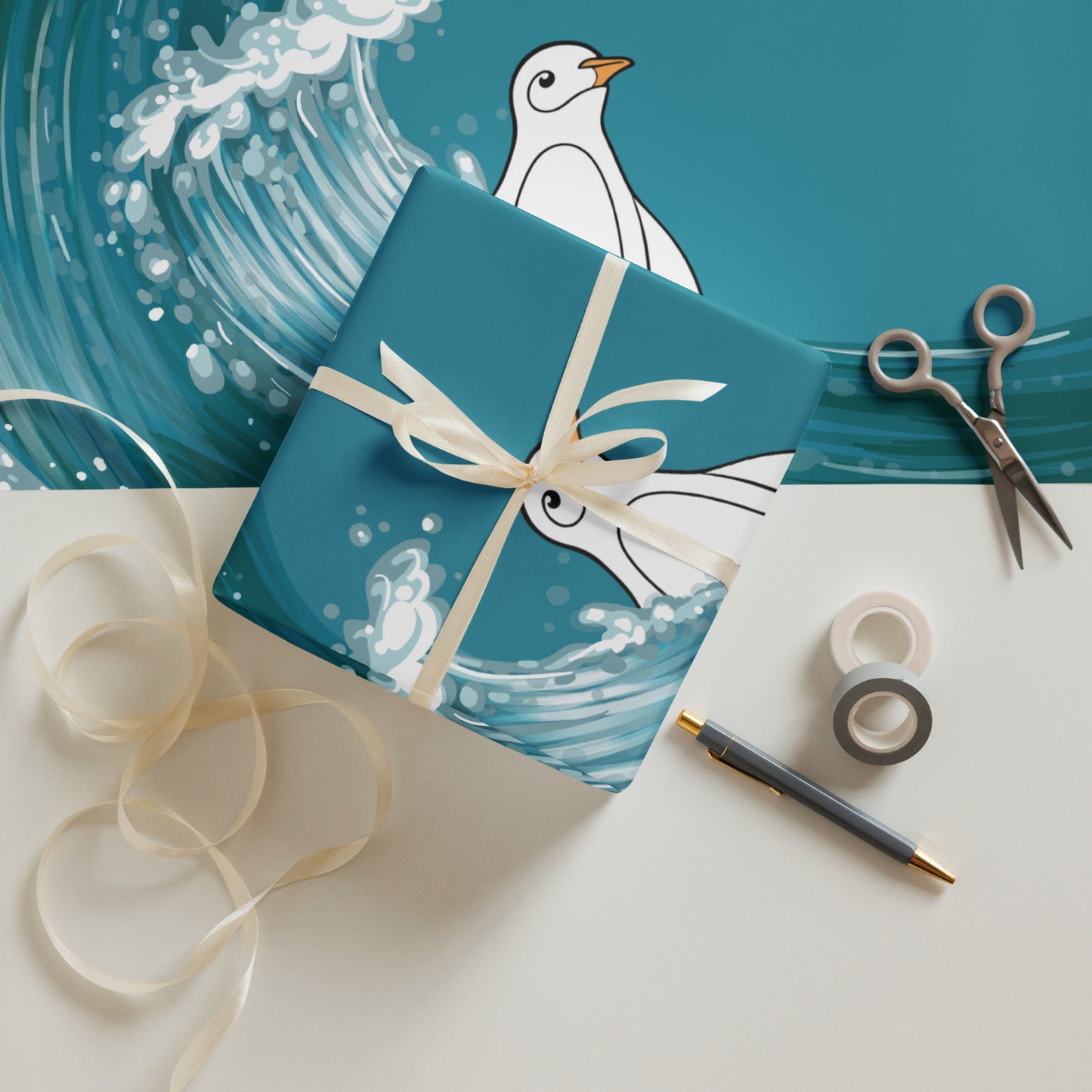 Penguin x Ocean Waves Wrapping Paper Sheets (3)